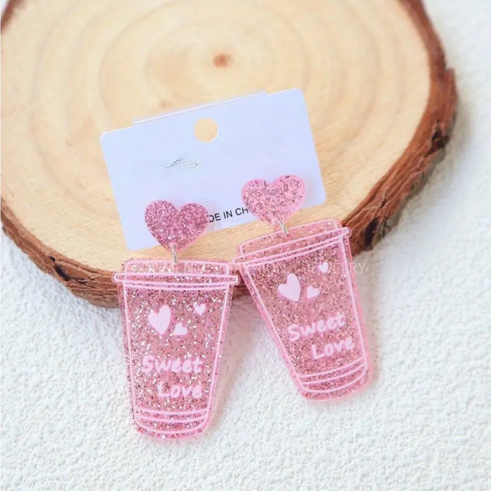 Glitter Heart Coffee Cup Earrings
